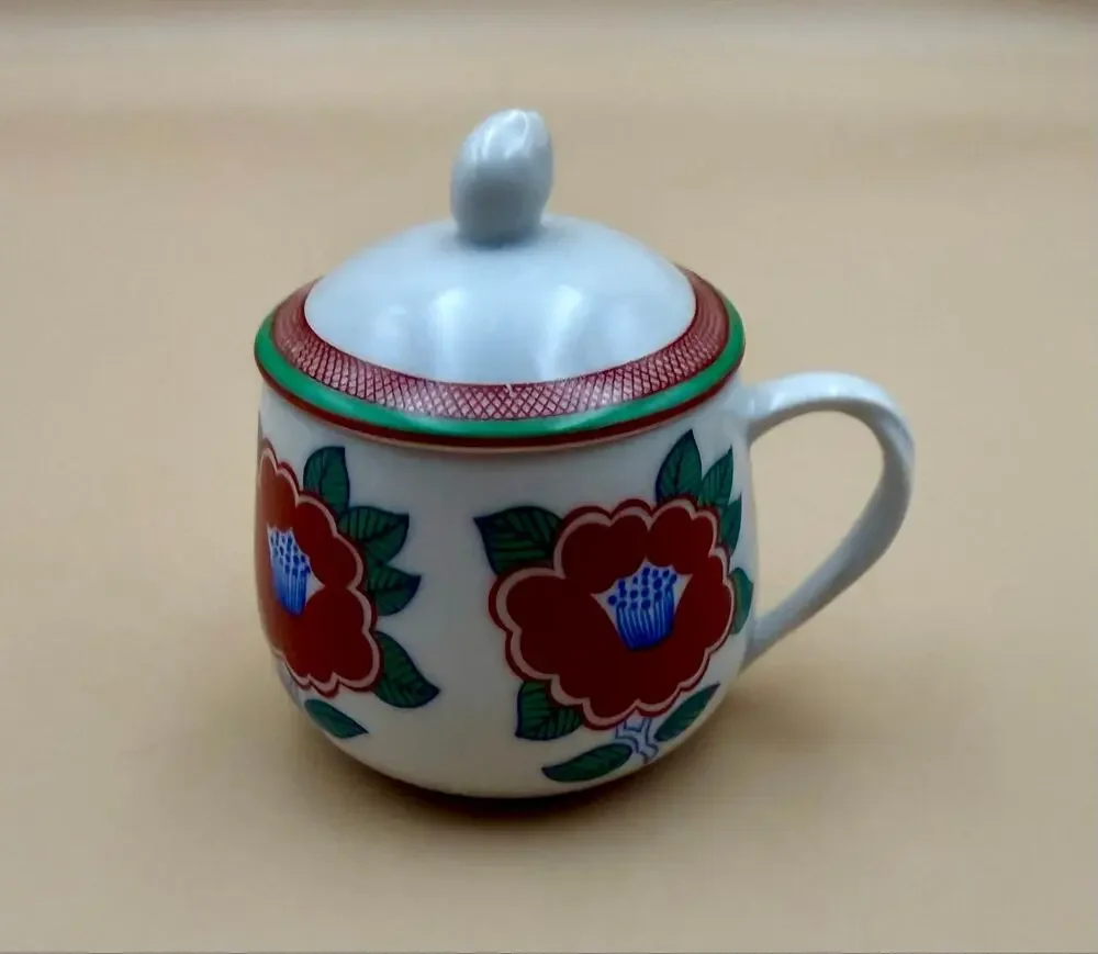 Vintage Fitz & Floyd Camellia Covered Tea Cup Lidded Mug Japan Red Floral EUC